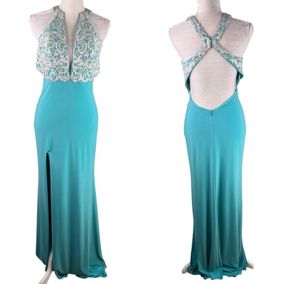 La Femme Embroidered-Bodice Prom Evening Gown Turquoise 6 Beaded - Picture 1 of 15